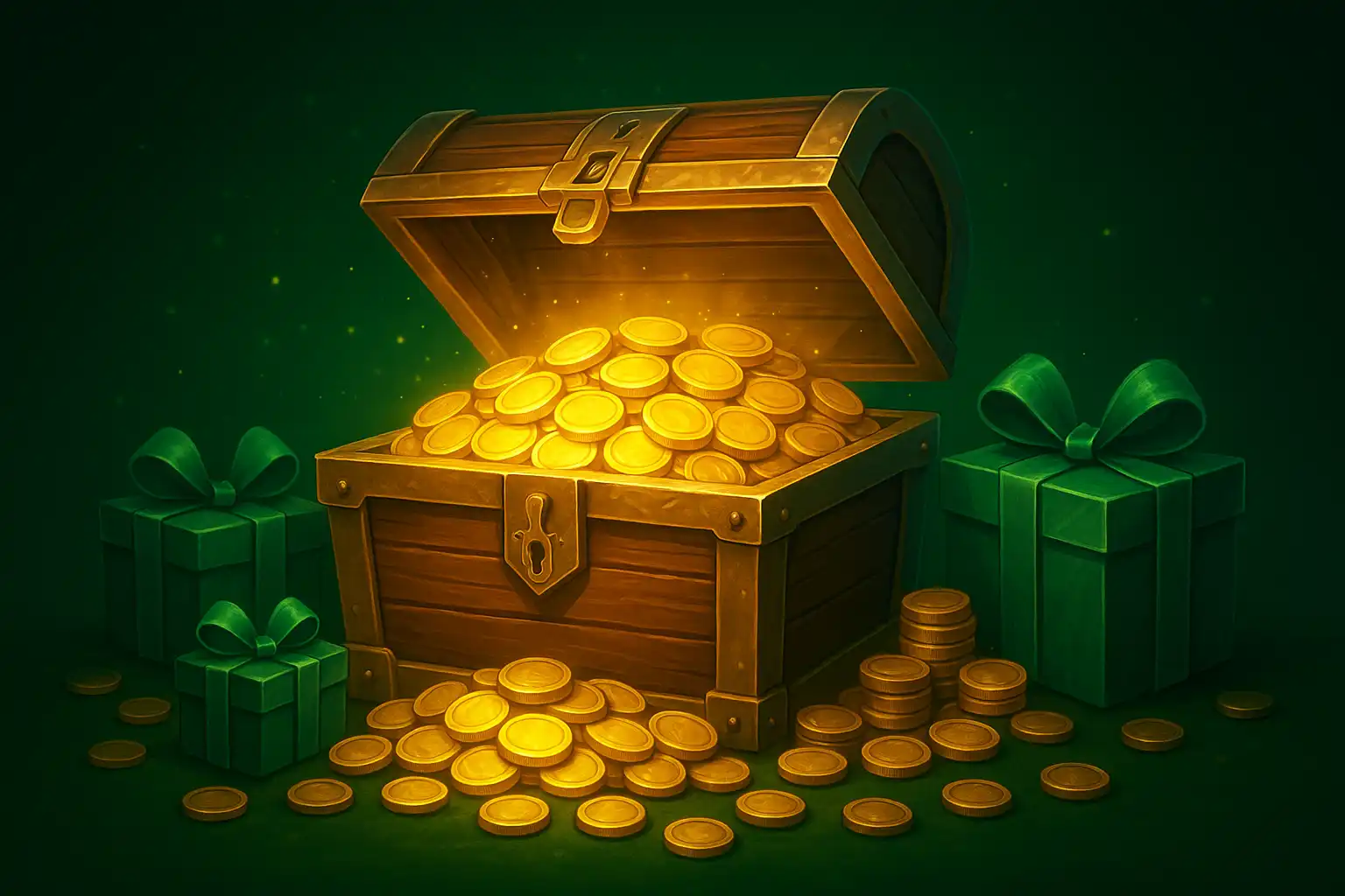 Stack of golden coins and a bonus gift box glowing with emerald light